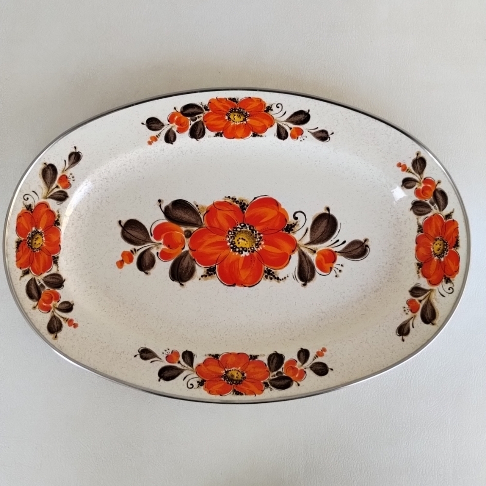 Vtg SankoWare Japan Large Oval Platter Show Pans Poppies Porcelain Enamel Steel